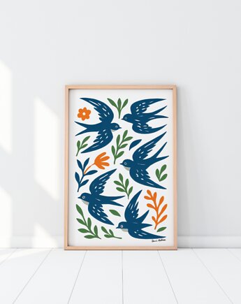 PLAKAT ptaki , jaskółki grafika,  niebieska dekoracja ścienna, Matisse, black dot studio