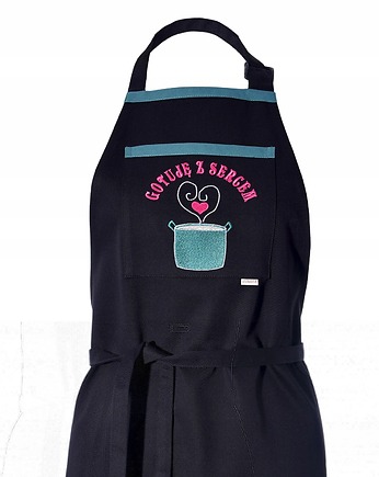 Fartuch Kuchenny bawełniany haftowany CZARNY Gotuję z sercem! EXTRA PREZENT, Wyszywane
