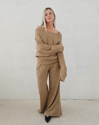 Bellita dzianinowy komplet dzwony i bluzka opadające ramię mocha, Ablush