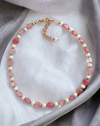 Kwarc truskawkowy & PERŁY - naszyjnik, kaktusia