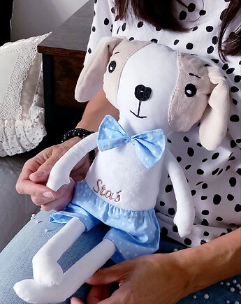 Wyjątkowa przytulanka PIESEK PIESIO minky HAFT imię dziecka METRYCZKA, Atelier Liliputki