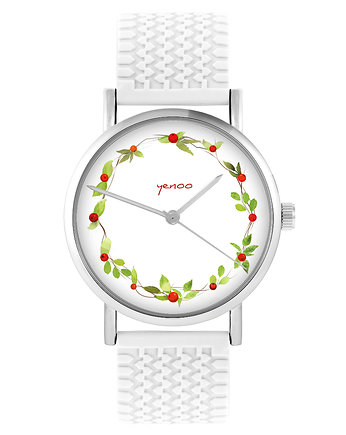 Zegarek - Wianek, dzika róża - silikonowy, biały, yenoo