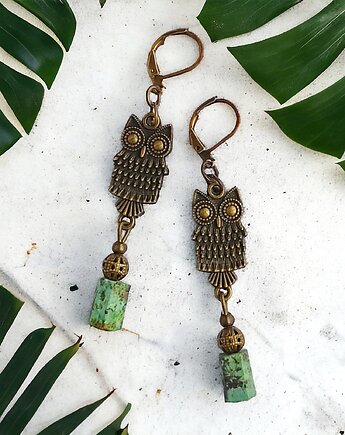 Kolczyki SOWY - turkus afrykański i antyczne złoty : długie