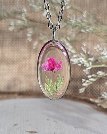 Srebrna zawieszka jajowata suszone kwiatowy bukiet różowa, zkwiatem