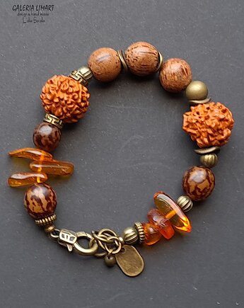 Rudraksha i bursztyn w niezwykłej etnicznej bransoletce unikat handmade UNISEX, Galeria Limart
