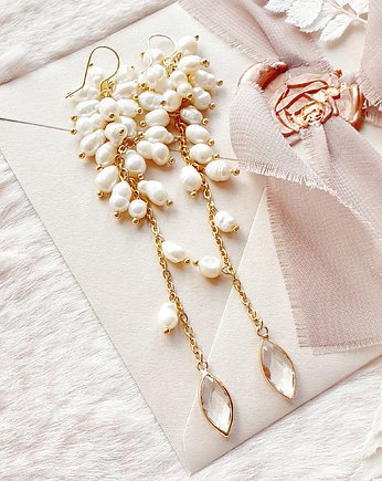 Perłowe kolczyki pozłacane ślubne ESPANA CHAINS LONG 1, PiLLow Design