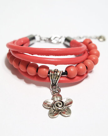 Bransoletka - Malinowa - rzemienie, drewniane koraliki, yenoo