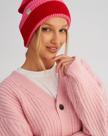 Czapka zimowa w paski różowo - czerwona, HARP TEAM