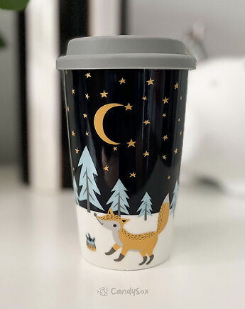 Kubek porcelanowy z pokrywką silikonową złoty lisek 400ml - elegancki prezent, CandySox