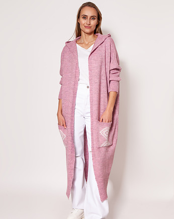 Dzianinowy płaszcz z kapturem - PA020 róż MKM, MKMswetry