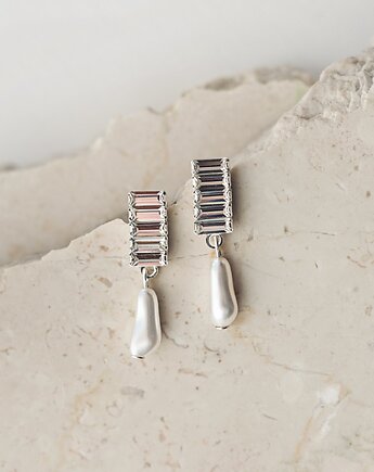 Kolczyki Ślubne Bagietki z Perłą Modern Glamour ROSIE, White Jasmine