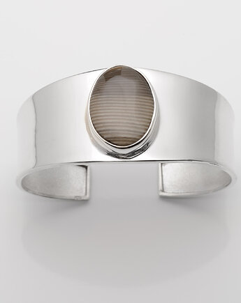 Damska srebrna bransoleta z krzemieniem pasiastym, mankietowa , sztywna, Ade Art