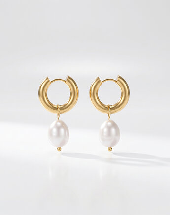 Złote wiszące kolczyki z perłą ze stali chirurgicznej pozłacane 18k, Paraiso