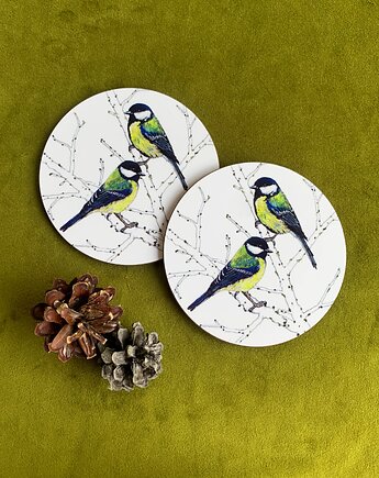 Podkładki pod kubek- Sikorki bogatki-  Ilustracja- Great Tit coasters, OSOBY - Prezent dla ukochanej