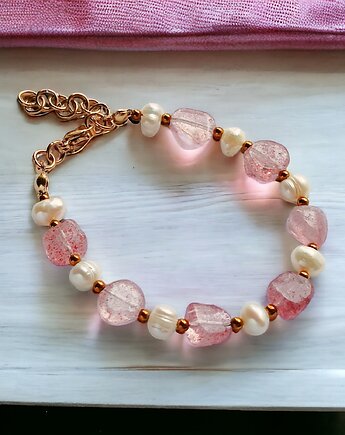 Kwarc truskawkowy & PERŁY. bransoletka, kaktusia