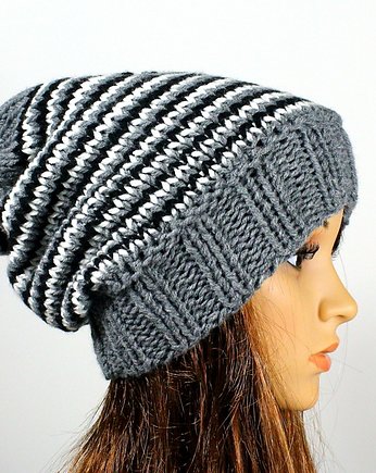 Czapka beanie hipster krasnal szara w paseczki, RękaProduction