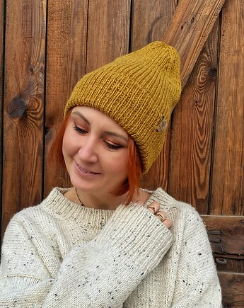Czapka beanie Musztardowa 100% merino, eddfupanda