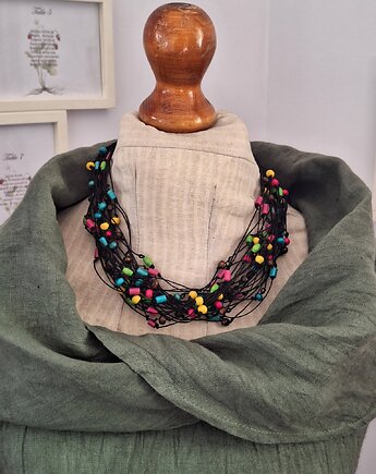 Naszyjnik lniany z kolorowym drewnem.Energetyczny, cynamonn