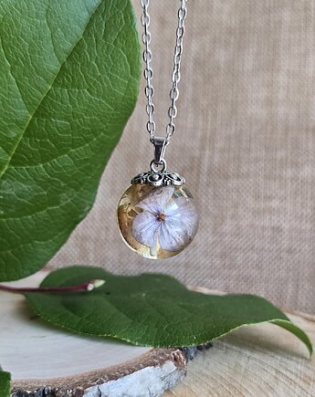 Srebrny wisiorek dwustronny hortensja prawdziwe kwiaty, zkwiatem