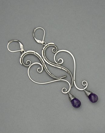 Długie kolczyki z ametystami wire wrapping ametyst, Agata Rozanska