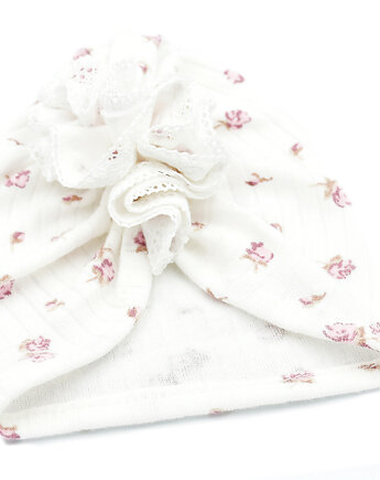 Turban czapeczka bawełniana w róże z koronką, FairyBows