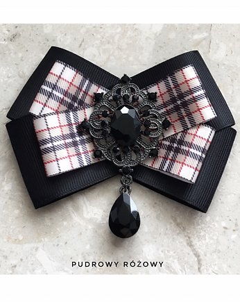 Czarno - Beżowa  Brosza  w kratę  z czarną ozdobą NEW, Pudrowy Różowy
