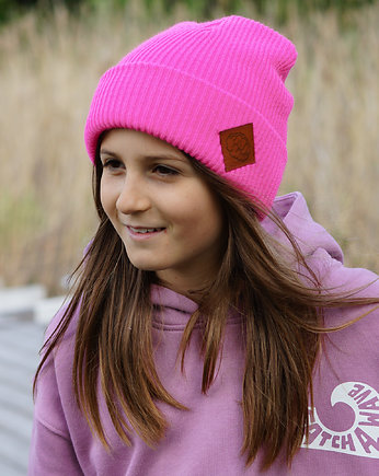 Neon Pink czapka dziecięca logo ekoskórka, Brain Inside
