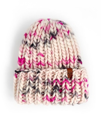 Czapka zimowa oversize z grubej wełny różowo szaro biała, Holy Alpaca Knit
