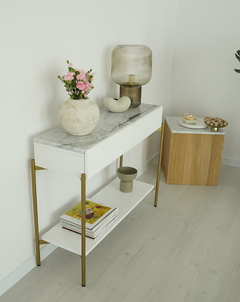 BINA- Biała konsola z marmurem i ryflowanymi frontami, Papierówka Simple form of furniture