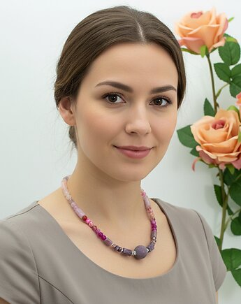 Duży naszyjnik, fuksja, różowy, fioletowy, agat, jaspis, opal, srebro 925, Yamira Art Studio