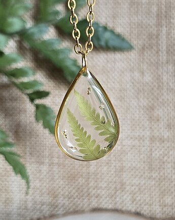 Złoty wisiorek prawdziwe kwiaty zawieszka łezka łza paproć, zkwiatem