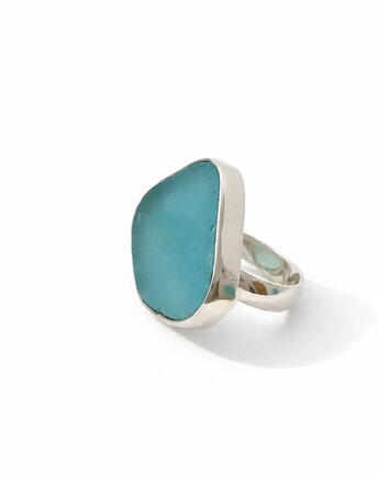 Srebrny pierścionek regulowany ze szkłem morskim, bluewavestudio