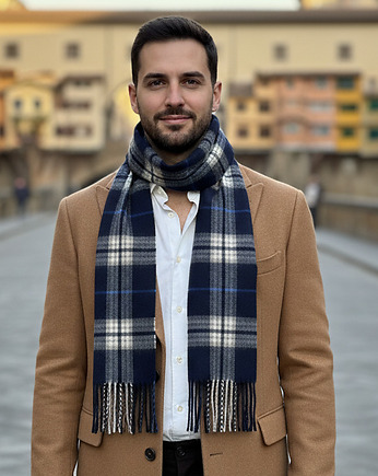 Szalik Męski Granatowy Kratka Wełna