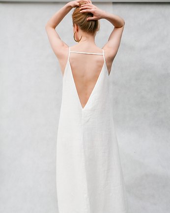 Maxi Długa biała lniana sukienka na lato, PANAPUFA
