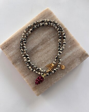 Handmade naszyjnik z jaspisem dalmatyńskim i plecionym owocem, Juicy Beads