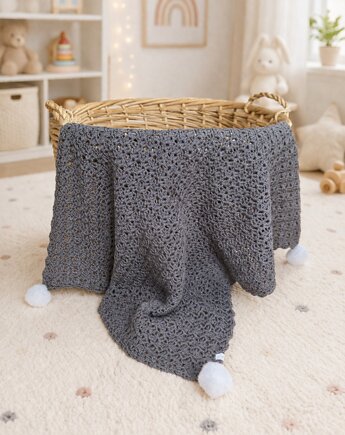 Kocyk dziecięcy  Coco wełna merino bawełna z pomponami 63x70 handmade, GANGSTA KNIT