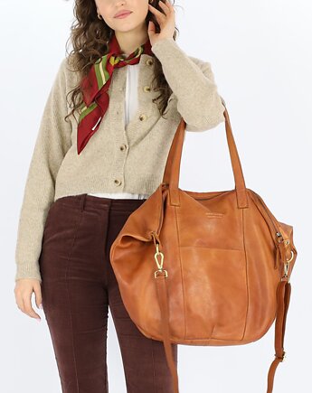Torba damska skórzana shopper z kieszeniami - It bag brąz camel, Marco Mazzini