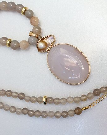 Unikat! Naszyjnik z szarym agatem i perłą biwali - transmutacja DNA, KEIT
