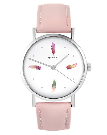Zegarek - Kolorowe piórka - pudrowy róż, yenoo