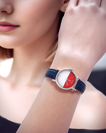 Zegarek  mały - Polska flaga - skórzany, granatowy