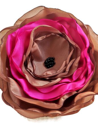 Duża brązowo różowa broszka 12cm kwiat kwiatek, Made by Joan