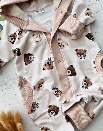Jasny kombinezon dresowy dla chłopca beżowe wzory misie, Pulcino shop