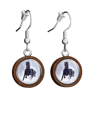 Kolczyki drewniane - Czarny koń - wiszące, yenoo