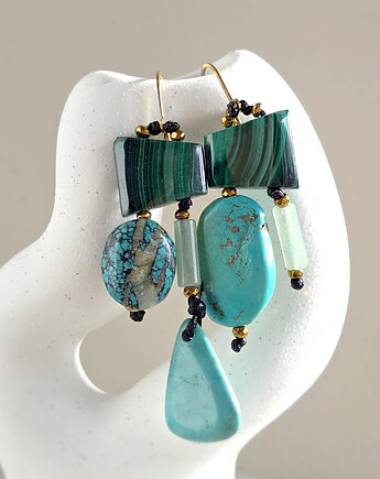 Kolczyki wiszące UNIKAT turkus, malachit, awenturyn, hematyt, Magneska