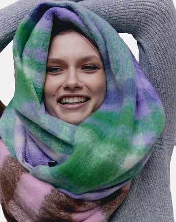 Szal fioletowo-zielony w kratę z frędzlami 40x190 cm, ALLORA BE UNIQUE