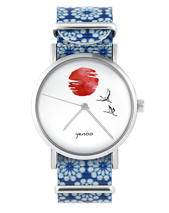 Zegarek - Żurawie na tle słońca - niebieski, yenoo