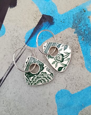 Kolczyki ceramiczne w zielone kwiaty koła dwustronne