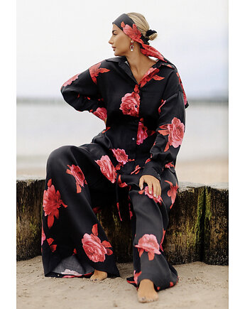 CS - Wiskozowa chusta  ROSE czarna w czerwone róże, CS