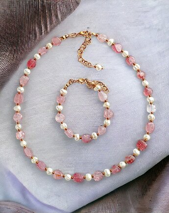 KOMPLET - kwarc truskawkowy & PERŁY - naszyjnik & bransoletka, kaktusia