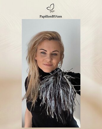 Broszka ze strusich piór czarno-biała  XL, PapillonBYAnn